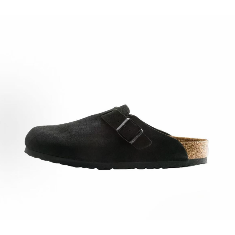Birkenstock Clogs — Black / Dark Buckle — source catalog lateral side