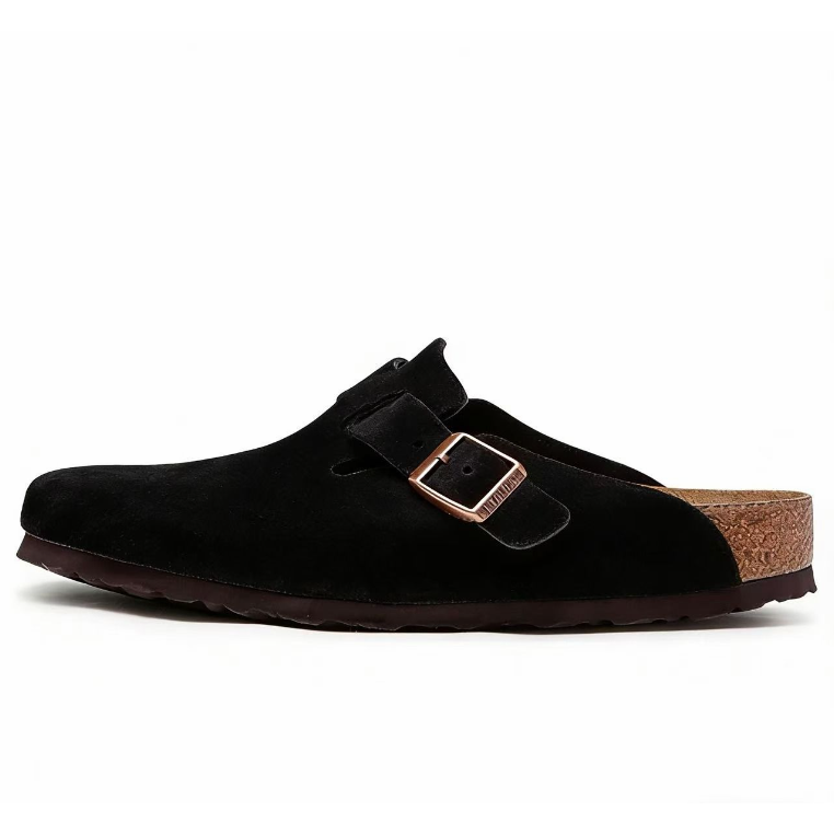 Birkenstock Clogs — Black / Copper Tone Buckle — source catalog lateral side