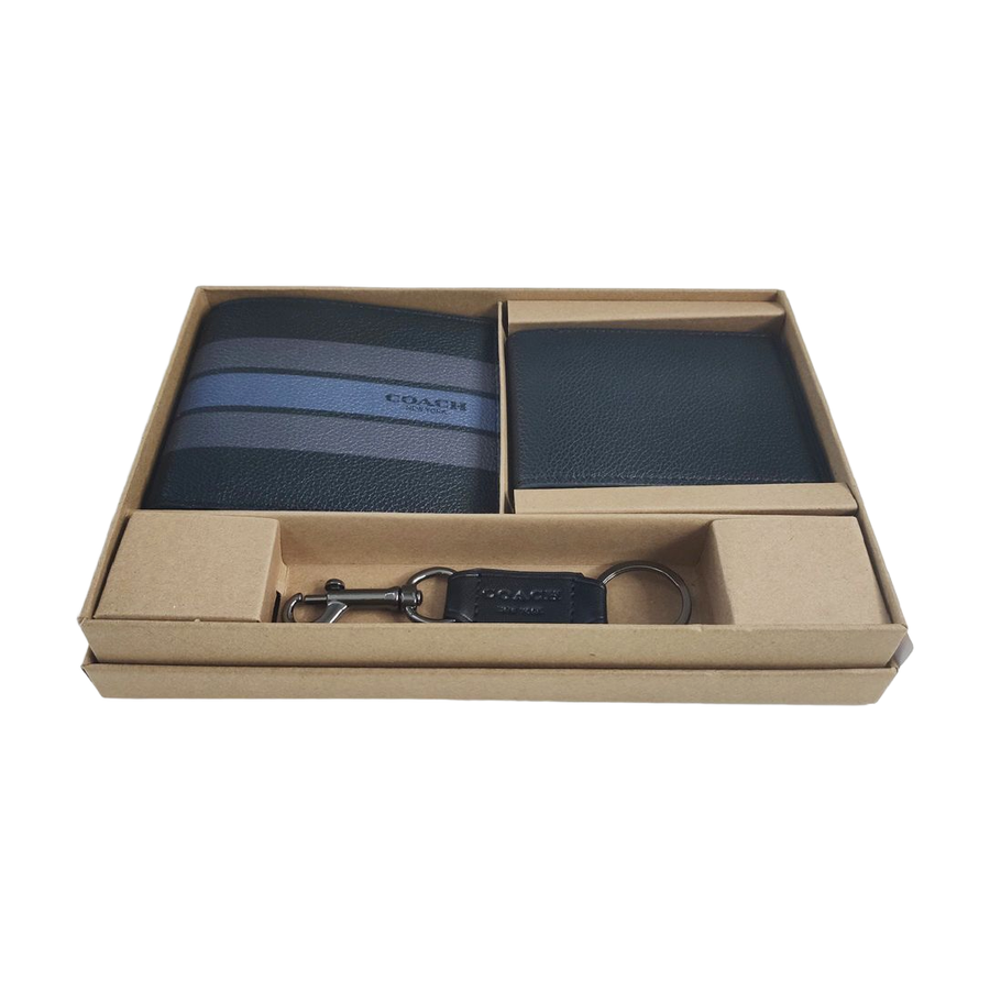 Pebbled Bifold Wallet — Black / Blue Stripe — source reference photo