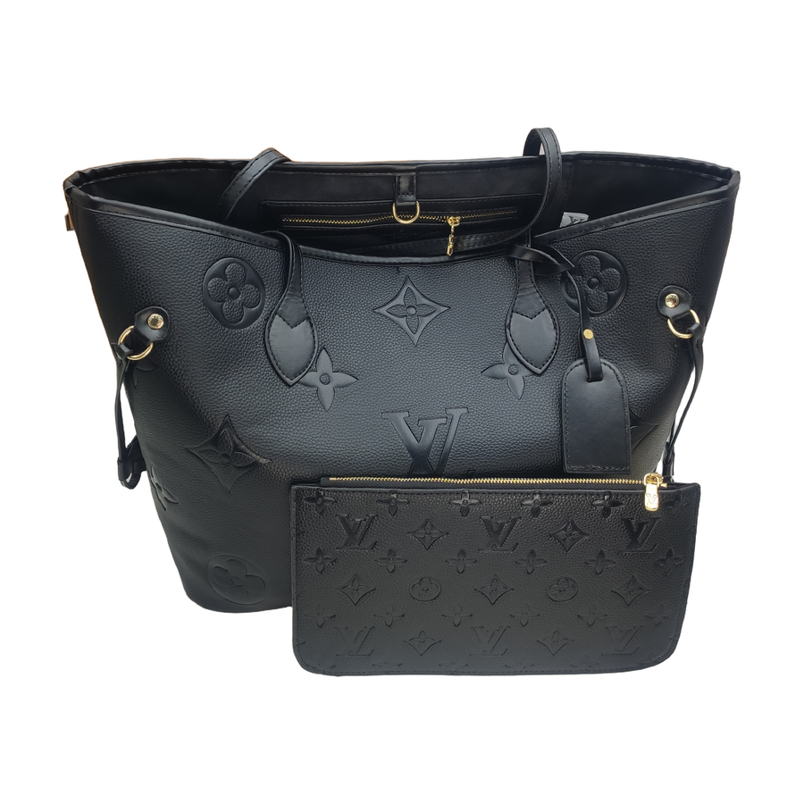 Large Embossed Monogram Tote Bag with Pouch in Black, supplier source view, full product reference view