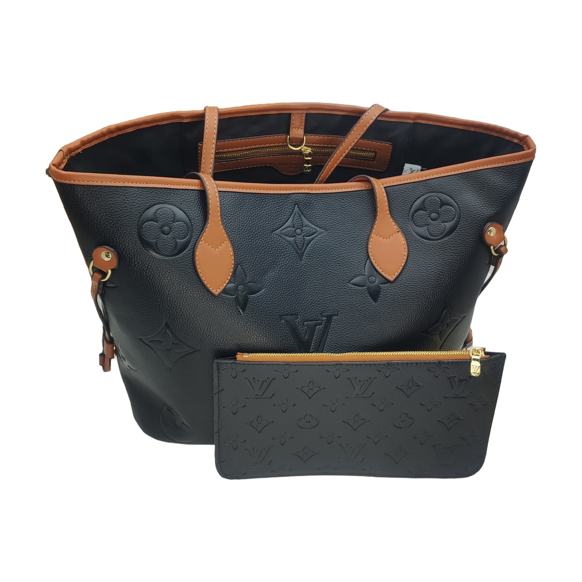 Large Embossed Monogram Tote Bag with Pouch in Black / Cognac Brown, supplier source view, full product reference view