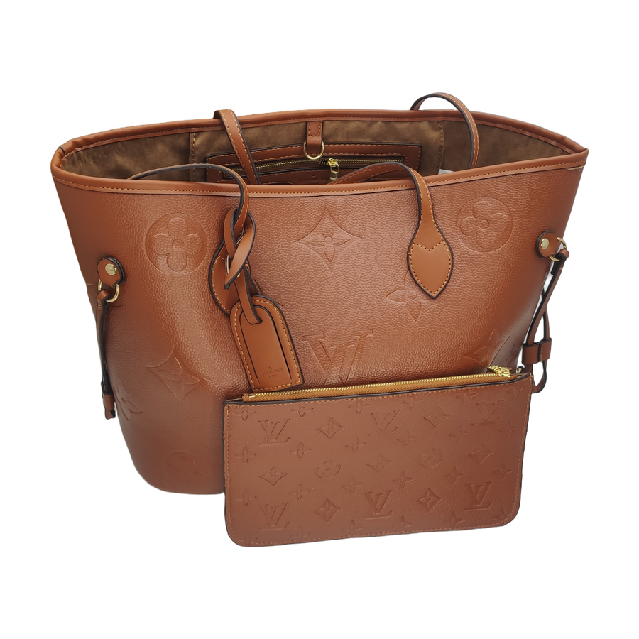 Large Embossed Monogram Tote Bag with Pouch in Cognac Brown, supplier source view, full product reference view