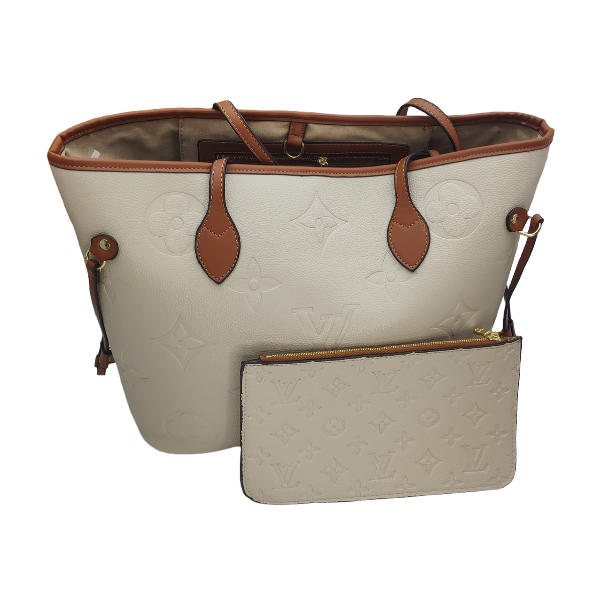 Large Embossed Monogram Tote Bag with Pouch in Khaki Cream / Cognac Brown, supplier source view, full product reference view
