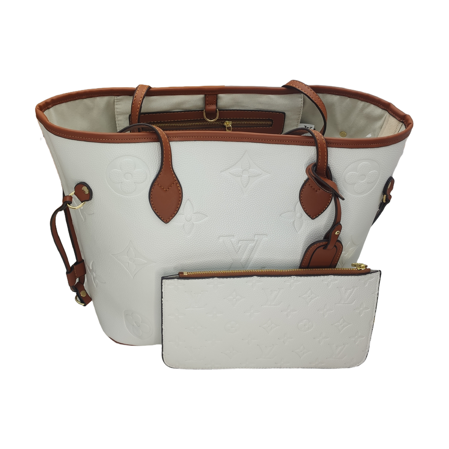 Large Embossed Monogram Tote Bag with Pouch in White / Cognac Brown, supplier source view, full product reference view