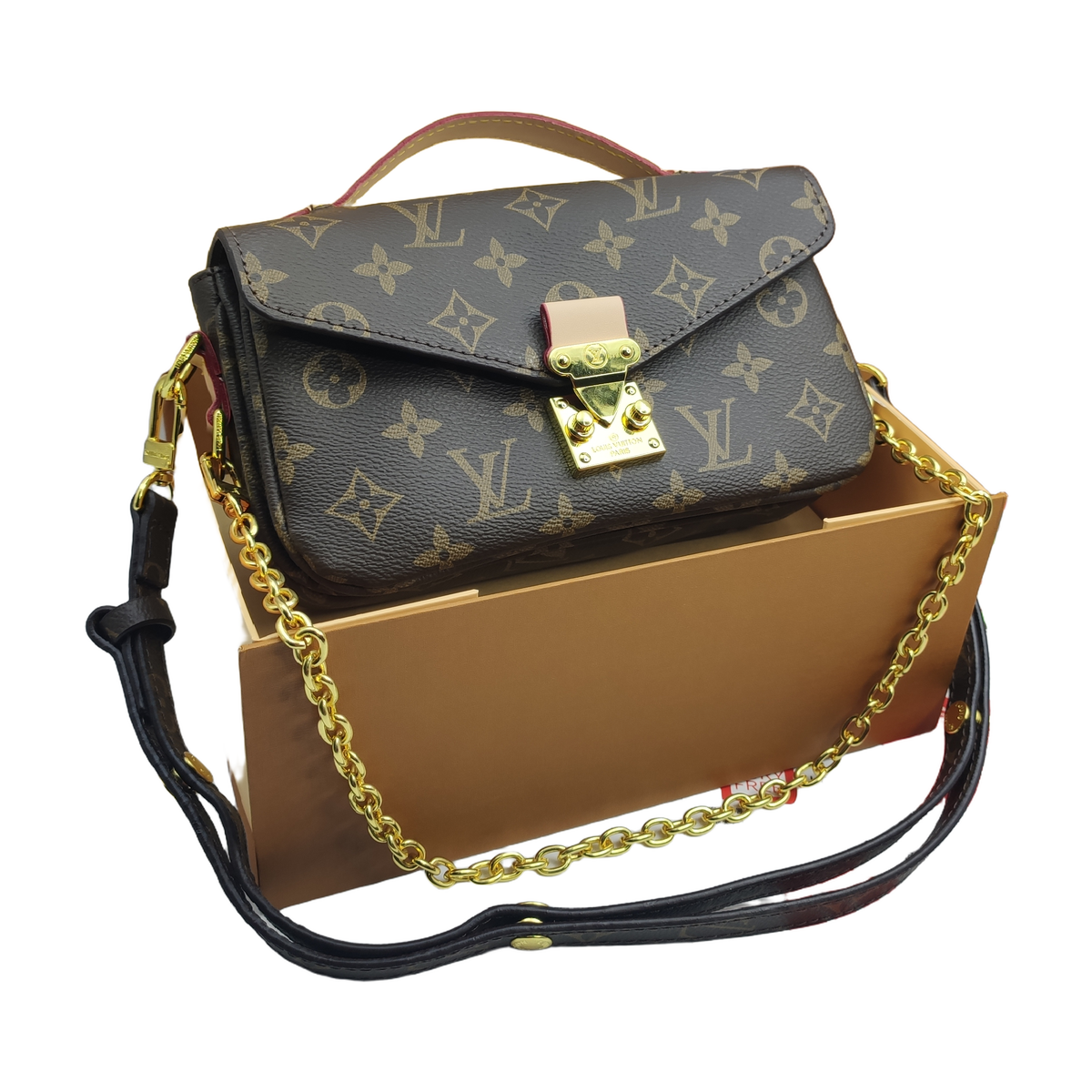 Monogram Horizontal Top Handle Crossbody Bag with Chain in Brown / Tan, supplier source view, full product reference view
