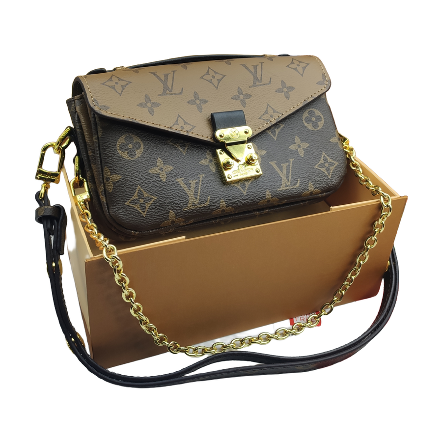Reverse Monogram Horizontal Top Handle Crossbody Bag with Chain in Brown / Beige / Black, supplier source view, full product reference view