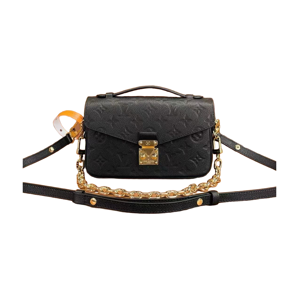 Embossed Monogram Horizontal Top Handle Crossbody Bag with Chain in Black, supplier source view, full product reference view