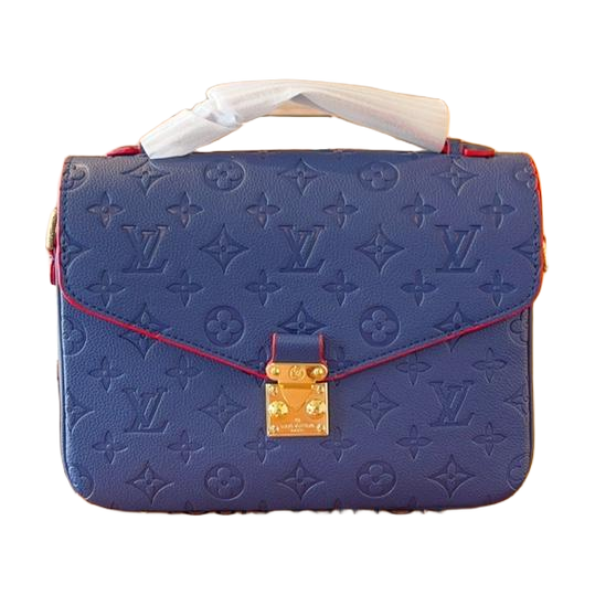Embossed Monogram Top Handle Crossbody Bag in Navy Blue with Red Edges, supplier source view