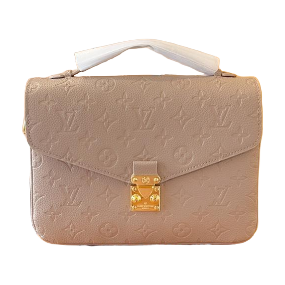 Embossed Monogram Top Handle Crossbody Bag in Taupe Beige, supplier source view