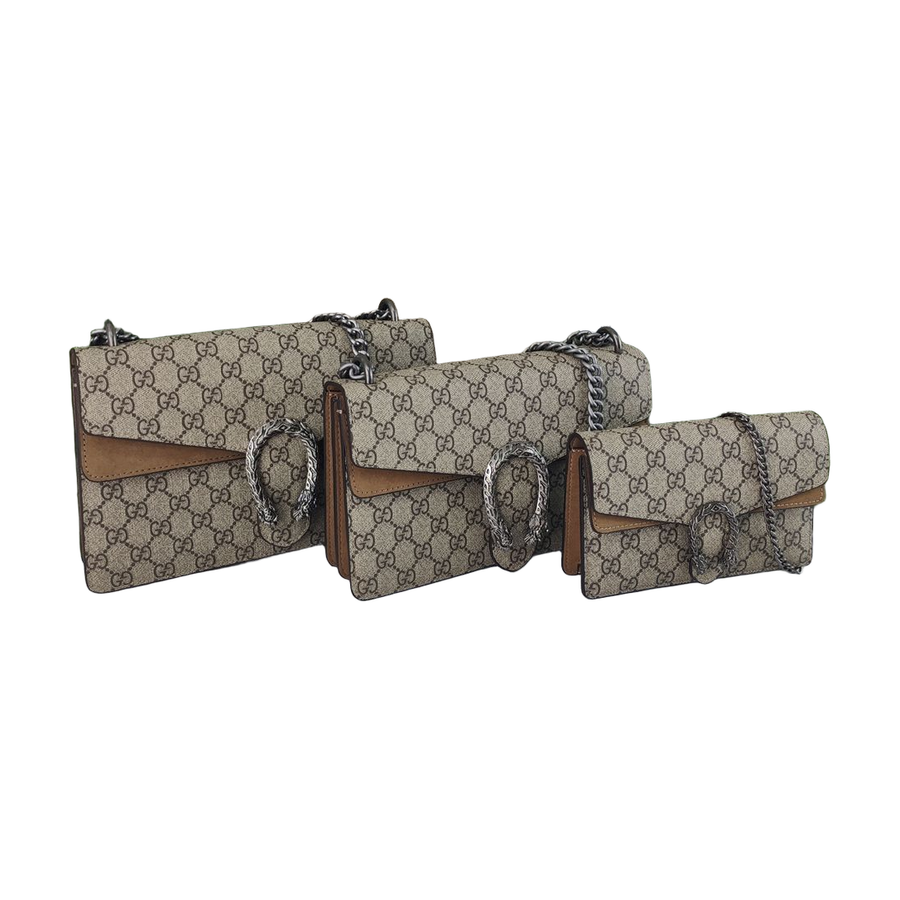 GG Monogram Chain Flap Shoulder Bag in Beige / Brown / Tan, supplier source view