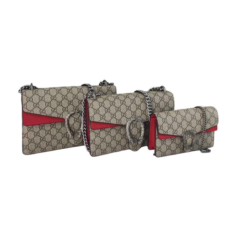 GG Monogram Chain Flap Shoulder Bag in Beige / Brown / Red, supplier source view