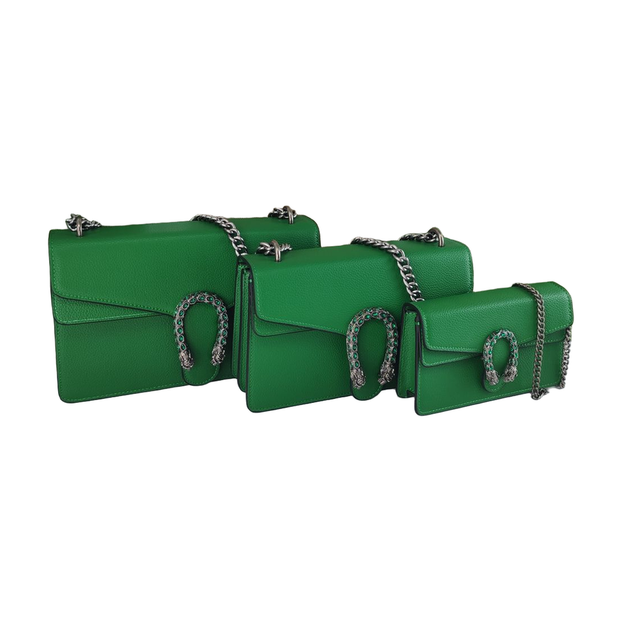 Grained Chain Flap Shoulder Bag with Embellished Clasp in Green, supplier source view