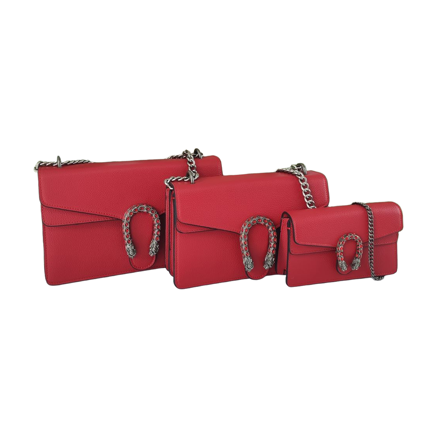 Grained Chain Flap Shoulder Bag with Embellished Clasp in Red, supplier source view