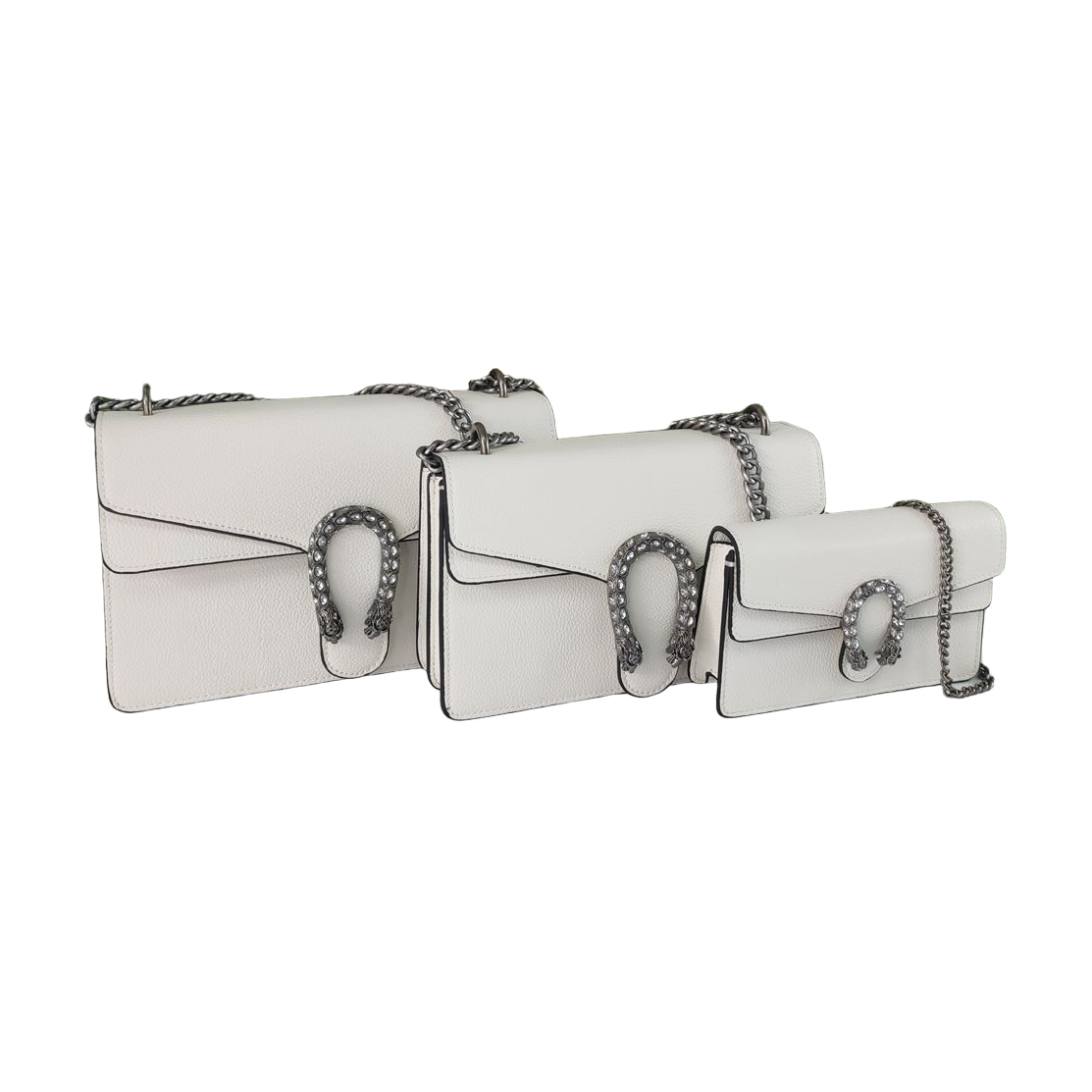 Grained Chain Flap Shoulder Bag with Embellished Clasp in White, supplier source view
