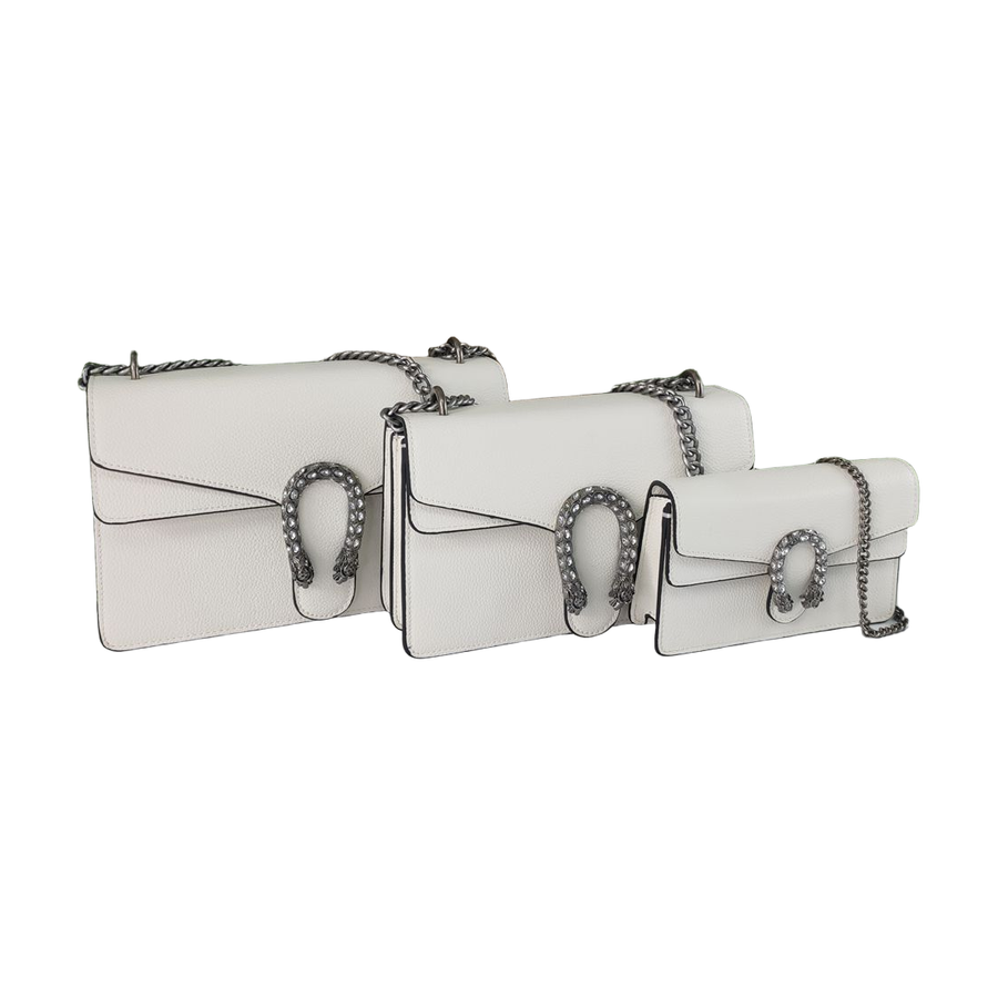 Grained Chain Flap Shoulder Bag with Embellished Clasp in White, supplier source view