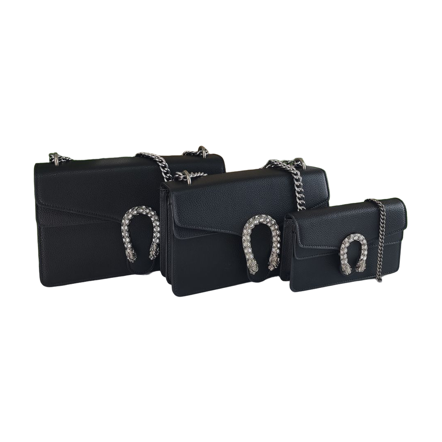 Grained Chain Flap Shoulder Bag with Embellished Clasp in Black, supplier source view