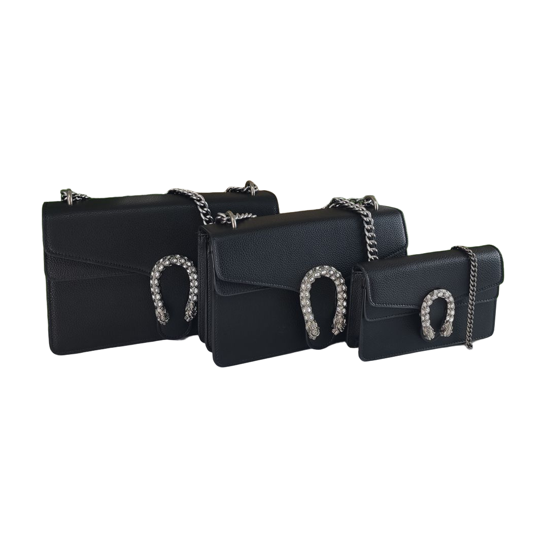 Grained Chain Flap Shoulder Bag with Embellished Clasp in Black, supplier source view
