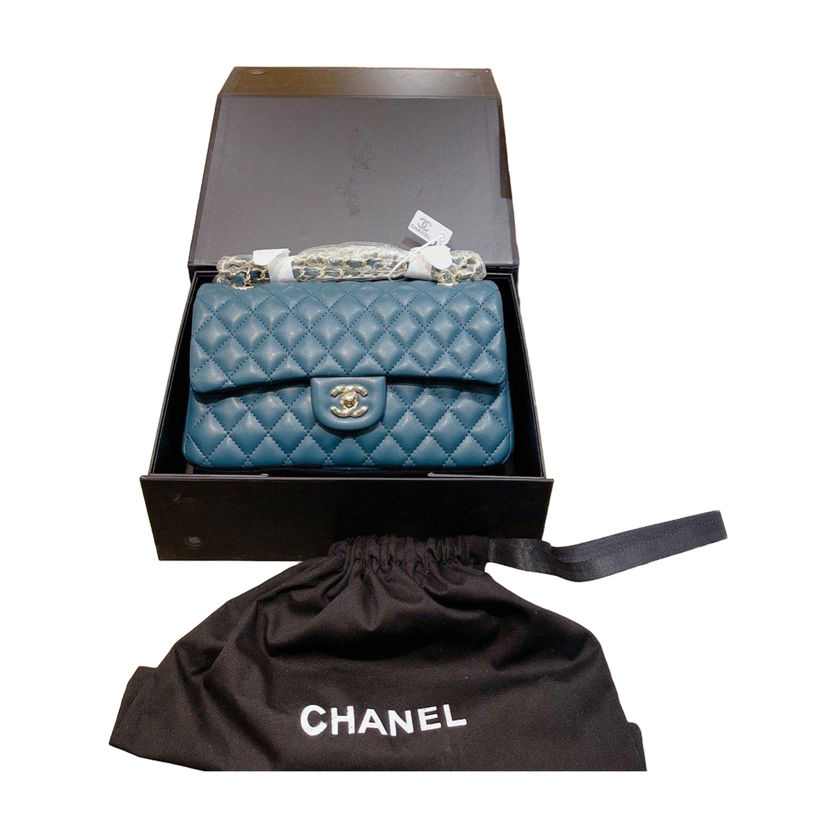 Diamond Quilted Chain Flap Shoulder Bag in Teal Blue, supplier source view