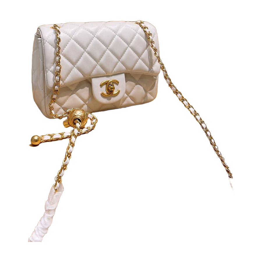 Diamond Quilted Chain Flap Shoulder Bag with Ball Detail in White, supplier source view