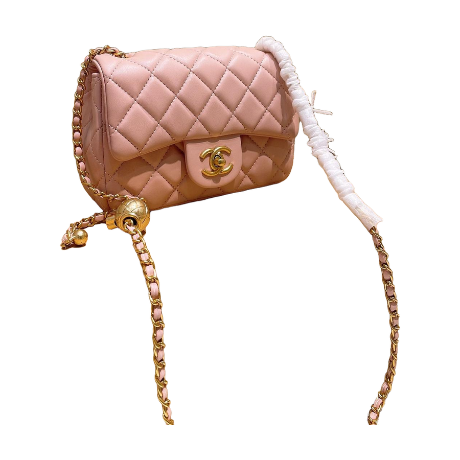 Diamond Quilted Chain Flap Shoulder Bag with Ball Detail in Light Pink, supplier source view