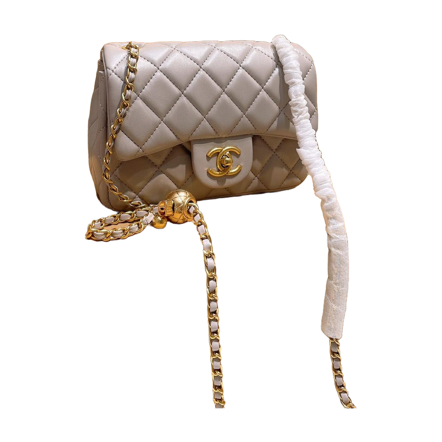 Diamond Quilted Chain Flap Shoulder Bag with Ball Detail in Light Gray, supplier source view