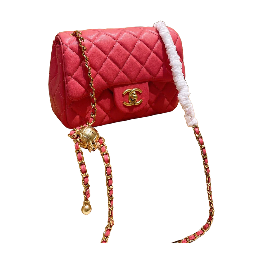 Diamond Quilted Chain Flap Shoulder Bag with Ball Detail in Fuchsia Red, supplier source view