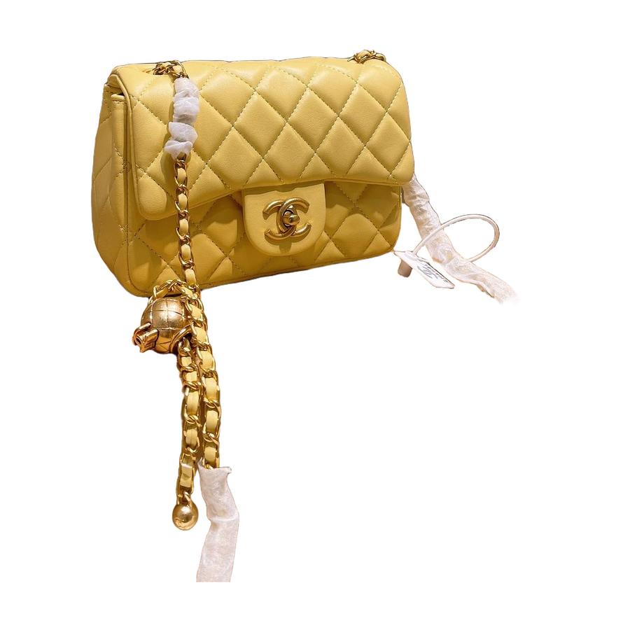 Diamond Quilted Chain Flap Shoulder Bag with Ball Detail in Yellow, supplier source view