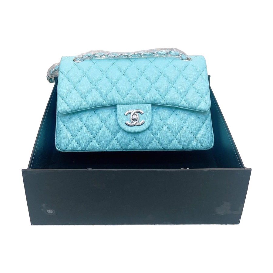 Grained Diamond Quilted Chain Flap Shoulder Bag in Light Turquoise / Mint, supplier source view
