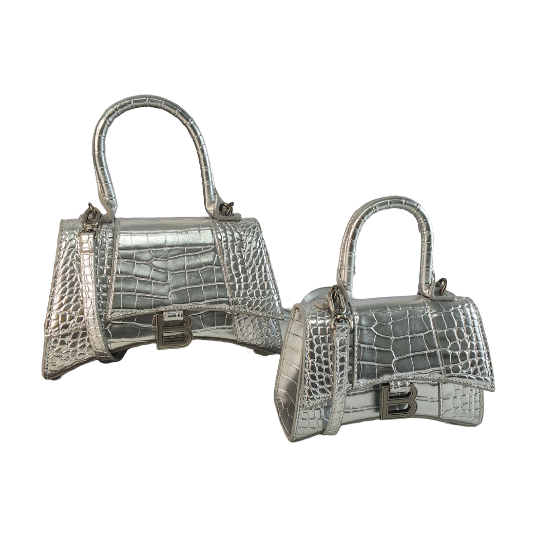 Textured Curved-Base Top Handle Bag in Metallic Silver, supplier source view, full product reference view