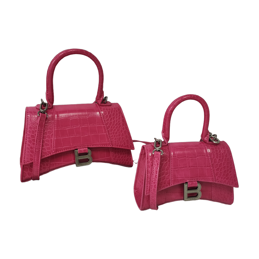 Curved-Base Top Handle Bag with B Clasp in Fuchsia Pink, supplier source view, full product reference view