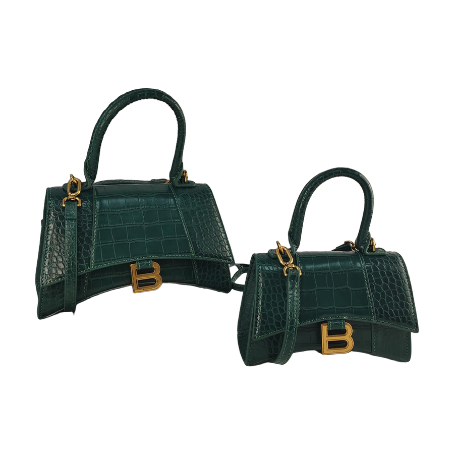 Curved-Base Top Handle Bag with B Clasp in Dark Green, supplier source view, full product reference view