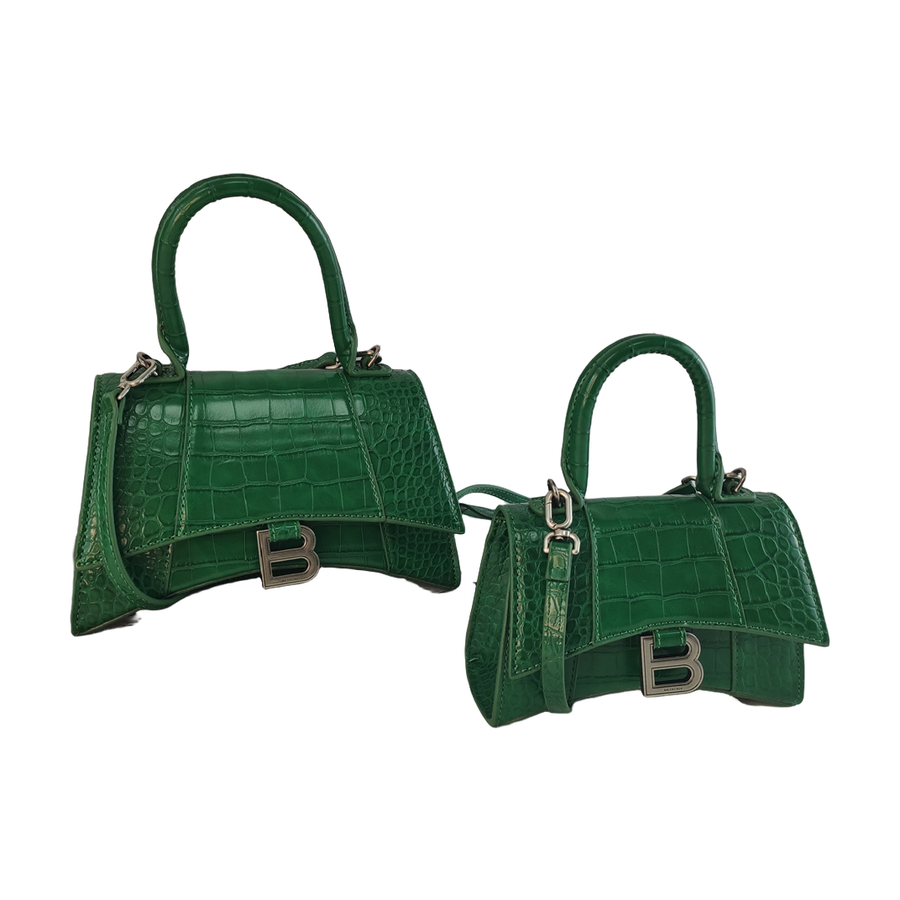 Curved-Base Top Handle Bag with B Clasp in Emerald Green, supplier source view, full product reference view