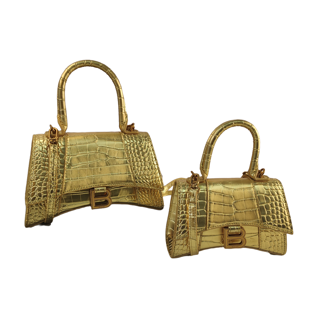 Curved-Base Top Handle Bag with B Clasp in Metallic Gold, supplier source view, full product reference view