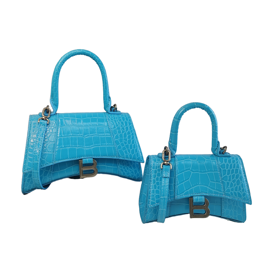 Curved-Base Top Handle Bag with B Clasp in Turquoise Blue, supplier source view, full product reference view