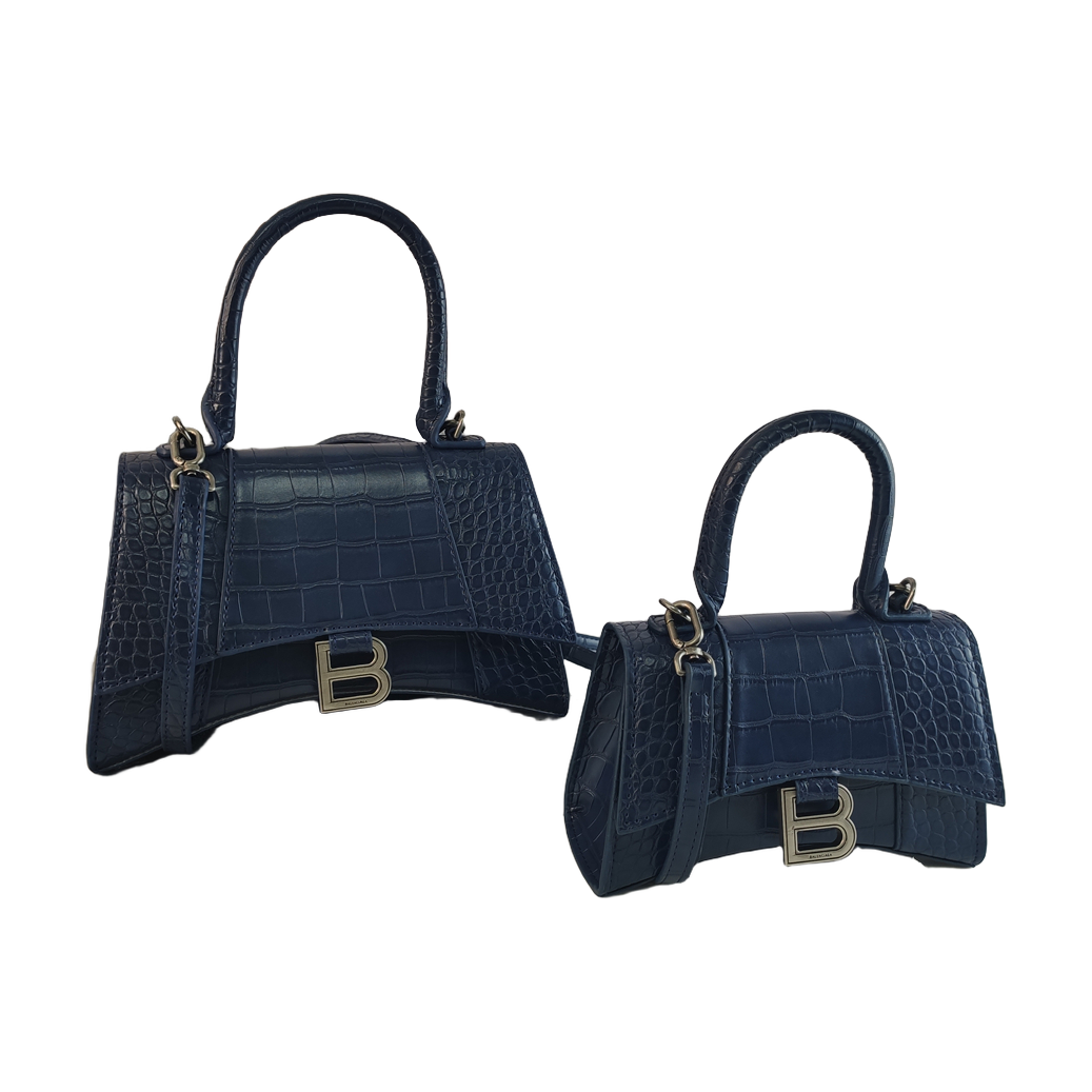 Curved-Base Top Handle Bag with B Clasp in Navy Blue, supplier source view, full product reference view