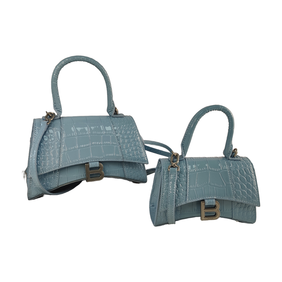 Curved-Base Top Handle Bag with B Clasp in Dusty Blue, supplier source view, full product reference view