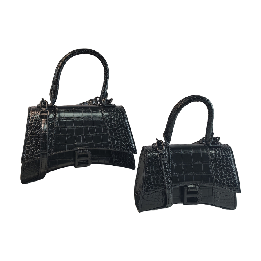 Curved-Base Top Handle Bag with B Clasp in Black, supplier source view, full product reference view