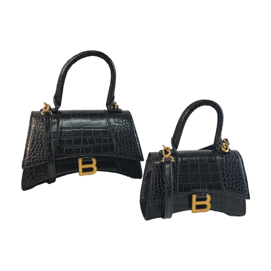Curved-Base Top Handle Bag with B Clasp in Black, supplier source view, full product reference view