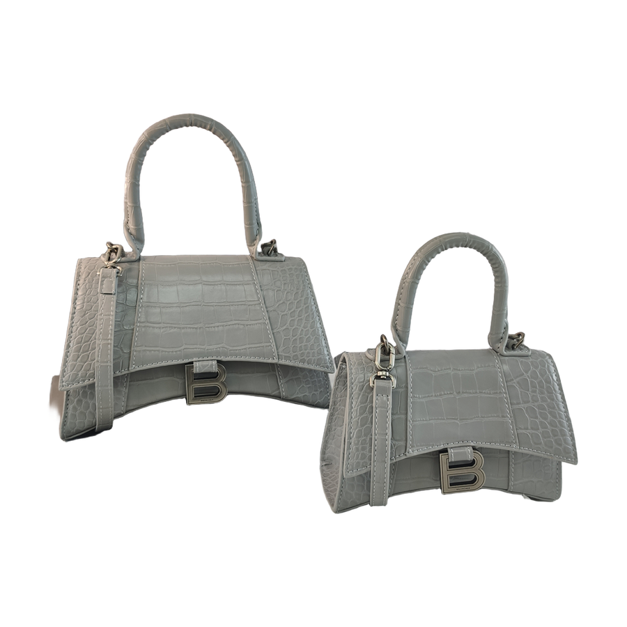 Curved-Base Top Handle Bag with B Clasp in Light Gray, supplier source view, full product reference view