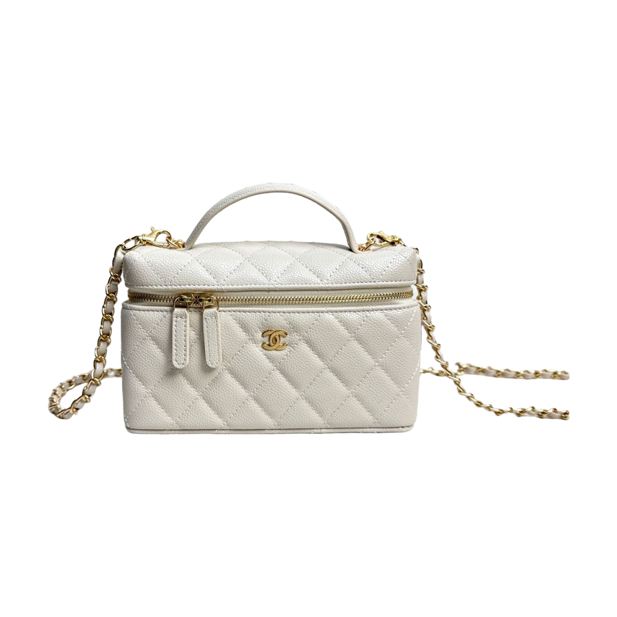 Chanel Diamond Quilted Vanity Bag with Top Handle and Chain – Ivory, original supplier catalogue view