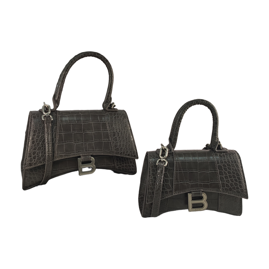 Curved-Base Top Handle Bag with B Clasp in Charcoal Gray, supplier source view, full product reference view