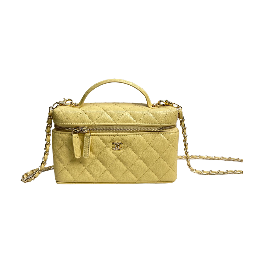 Chanel Diamond Quilted Vanity Bag with Top Handle and Chain – Pale Yellow, original supplier catalogue view