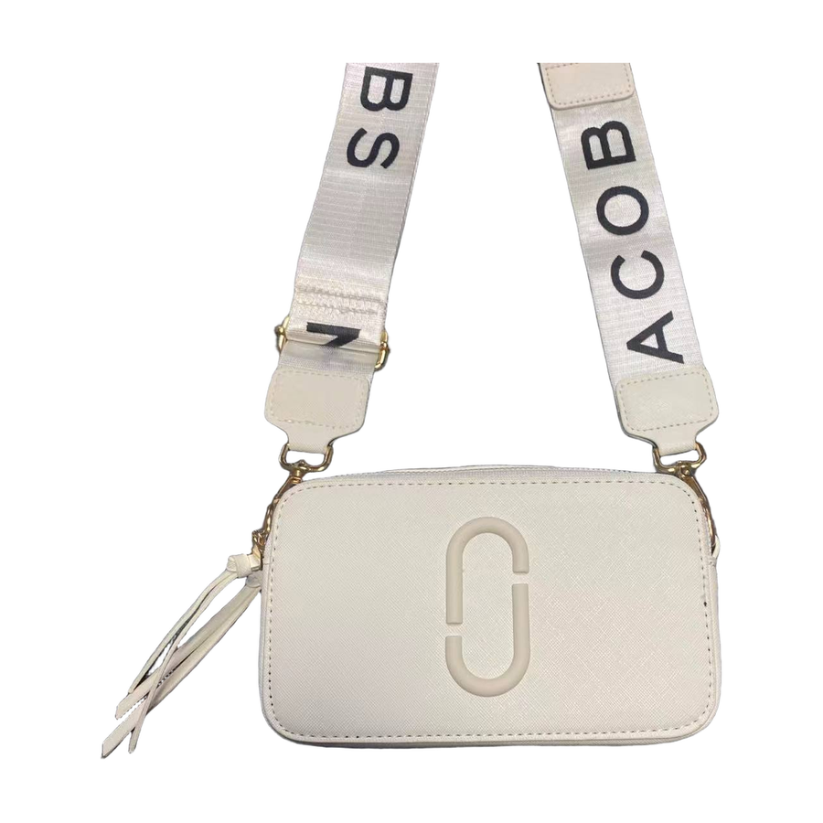 Logo Camera Crossbody Bag with Lettered Strap in White, supplier source view