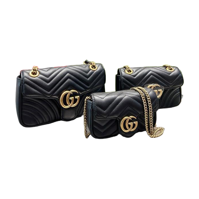 Quilted Flap Shoulder Bag with GG Emblem in Black, supplier source view, full product reference view