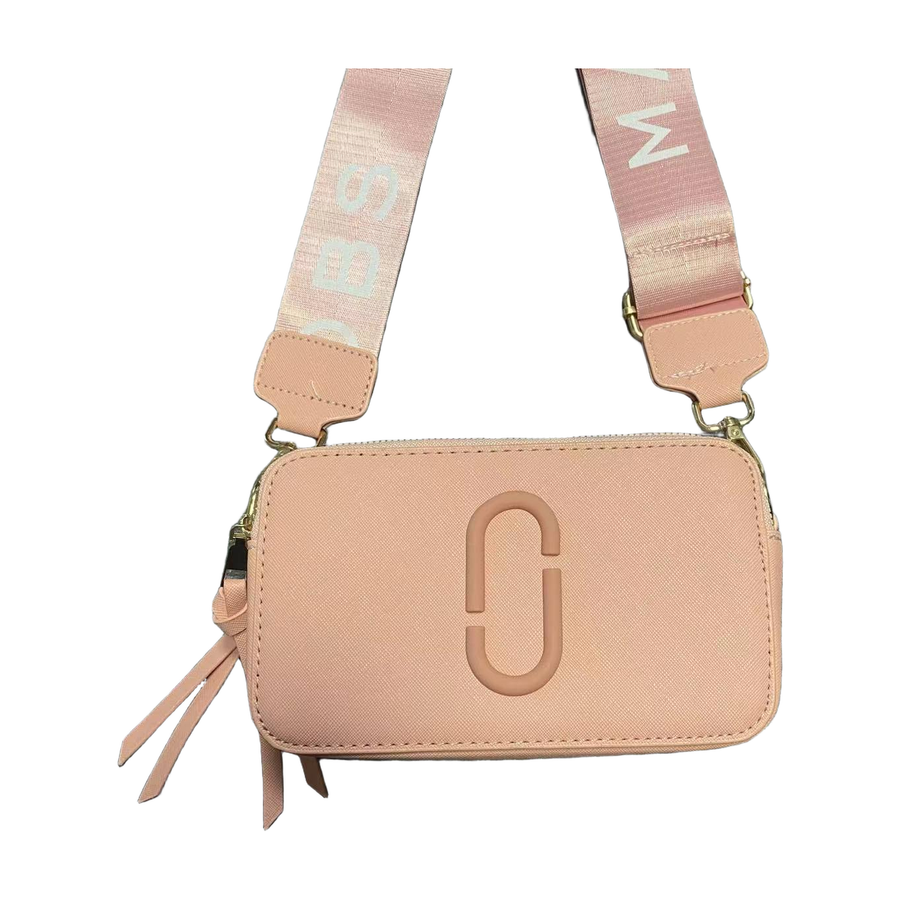 Logo Camera Crossbody Bag with Lettered Strap in Peach Pink, supplier source view