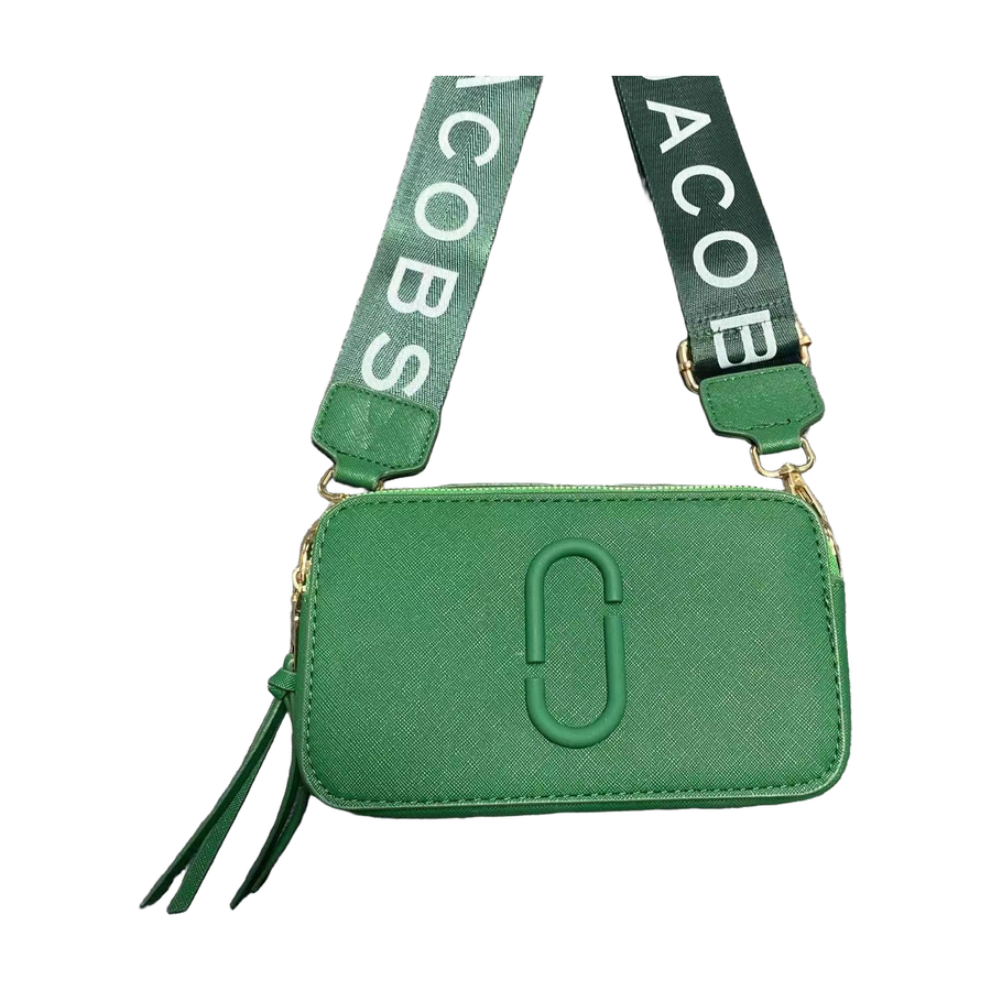 Logo Camera Crossbody Bag with Lettered Strap in Green, supplier source view