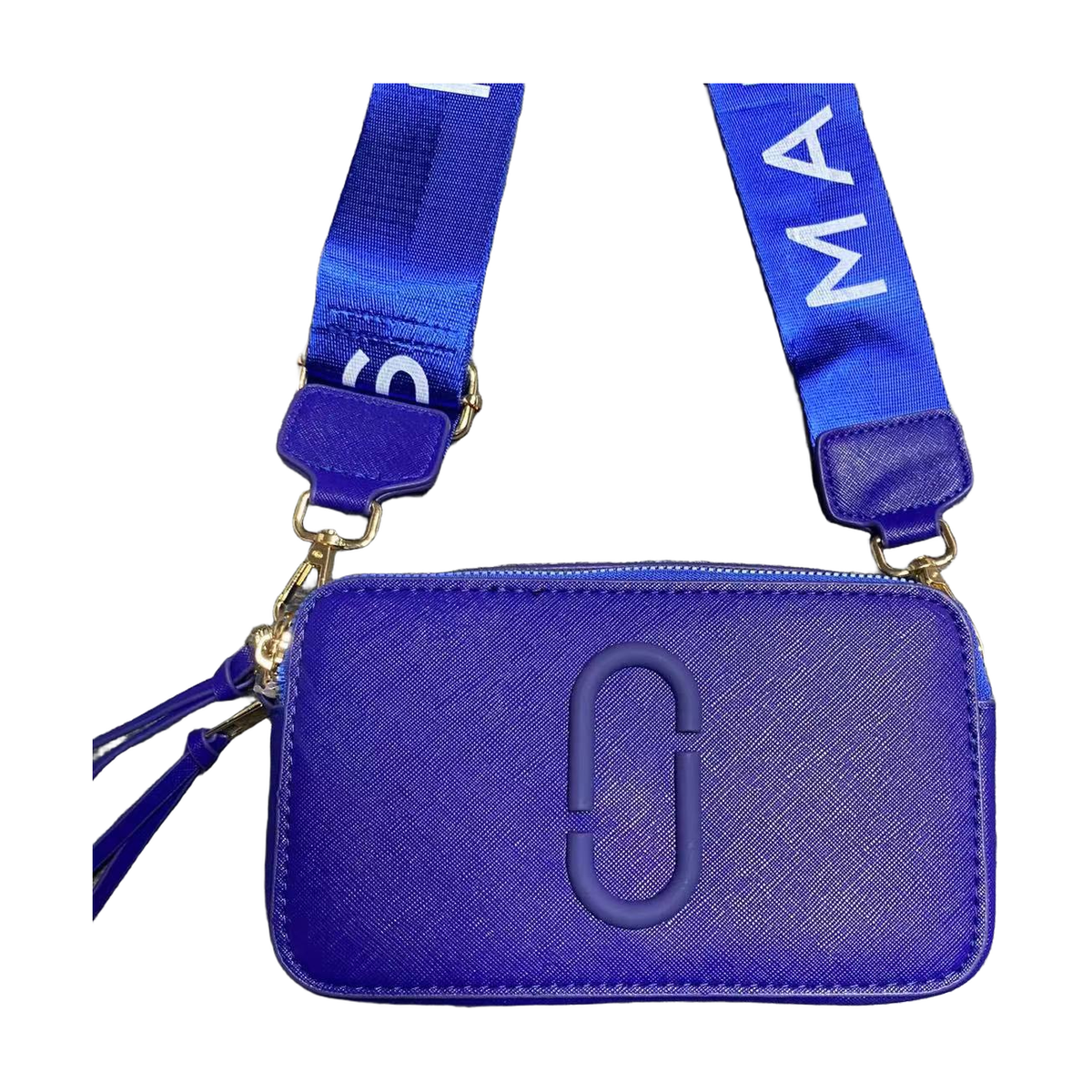 Logo Camera Crossbody Bag with Lettered Strap in Royal Blue, supplier source view