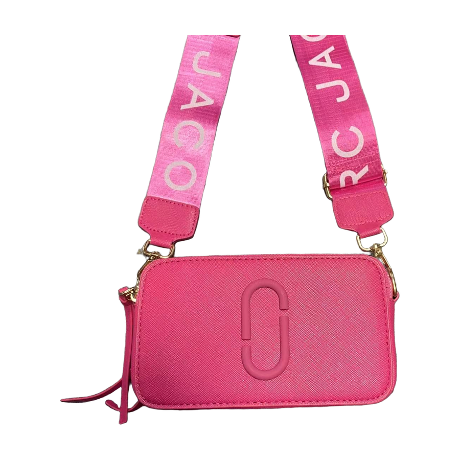 Logo Camera Crossbody Bag with Lettered Strap in Fuchsia Pink, supplier source view