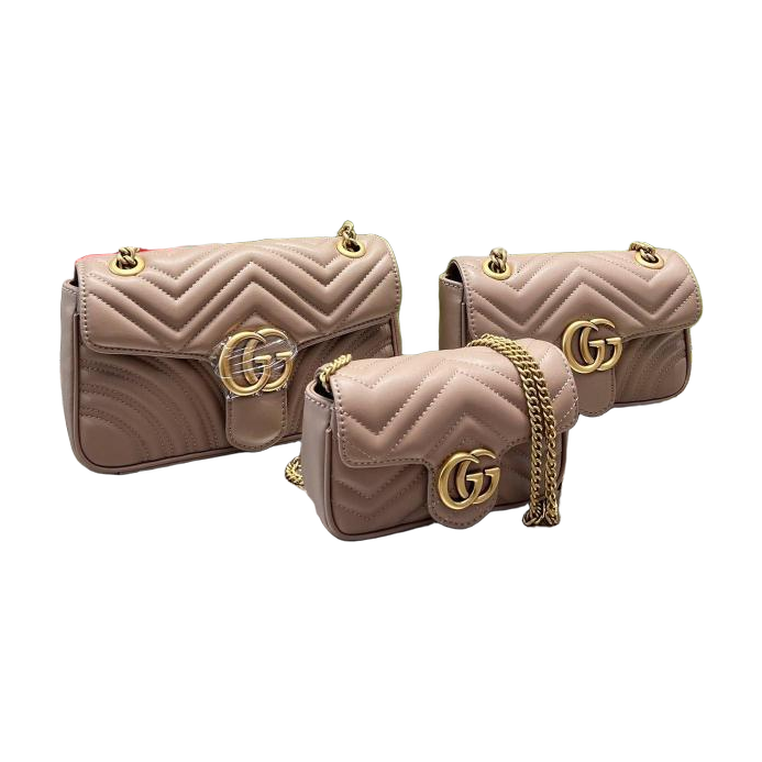 Quilted Flap Shoulder Bag with GG Emblem in Taupe Beige, supplier source view, full product reference view