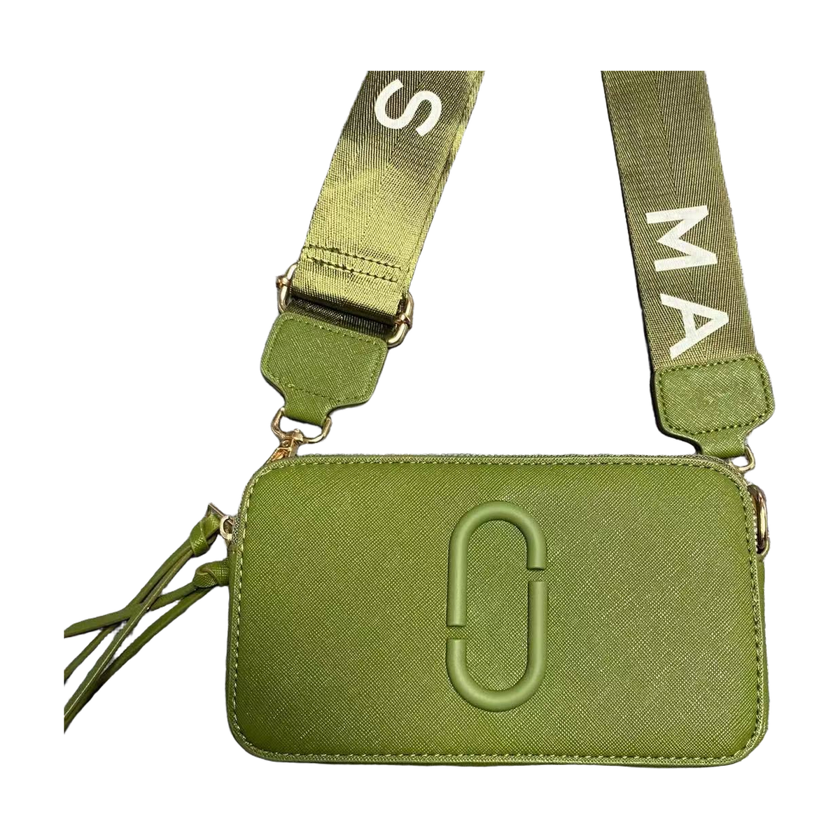 Logo Camera Crossbody Bag with Lettered Strap in Olive Green, supplier source view